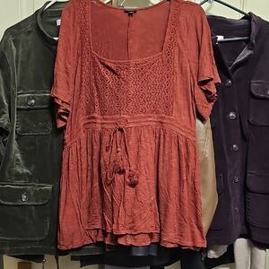 Torrid Brown and Orange Flutter Sleeve Smocked Blouse